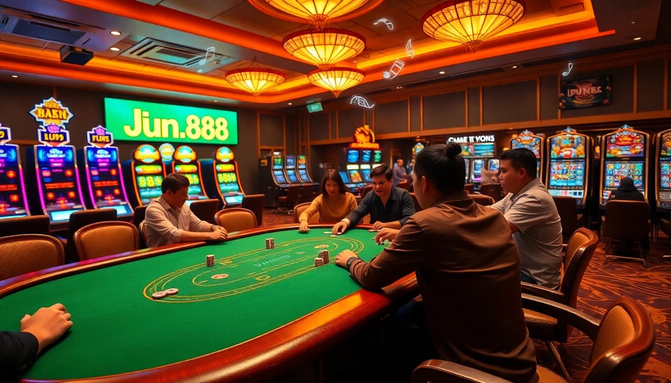 Experience thrilling gameplay at Jun88's lavish poker tables with vibrant chips and excitement.