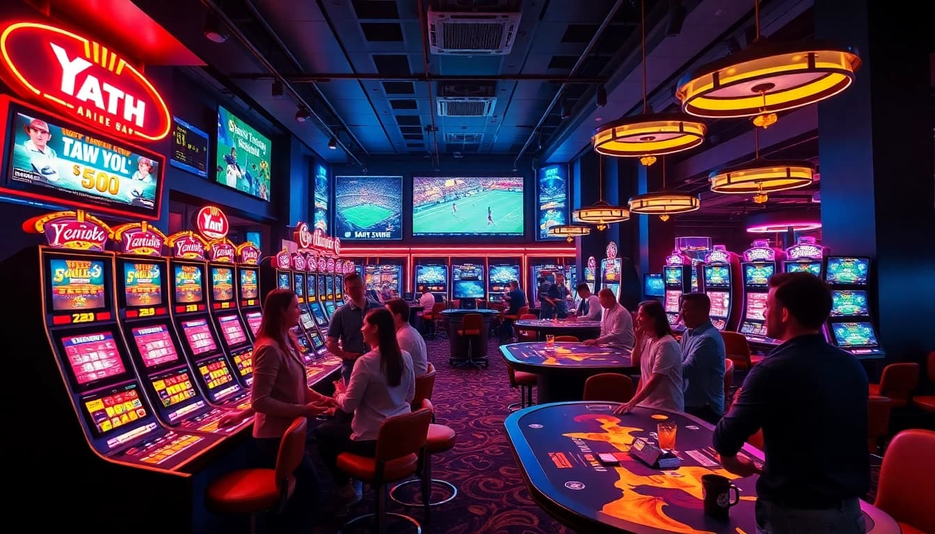 Experience the excitement of online gaming at 8s, featuring vibrant visuals of casino games and enthusiastic players.
