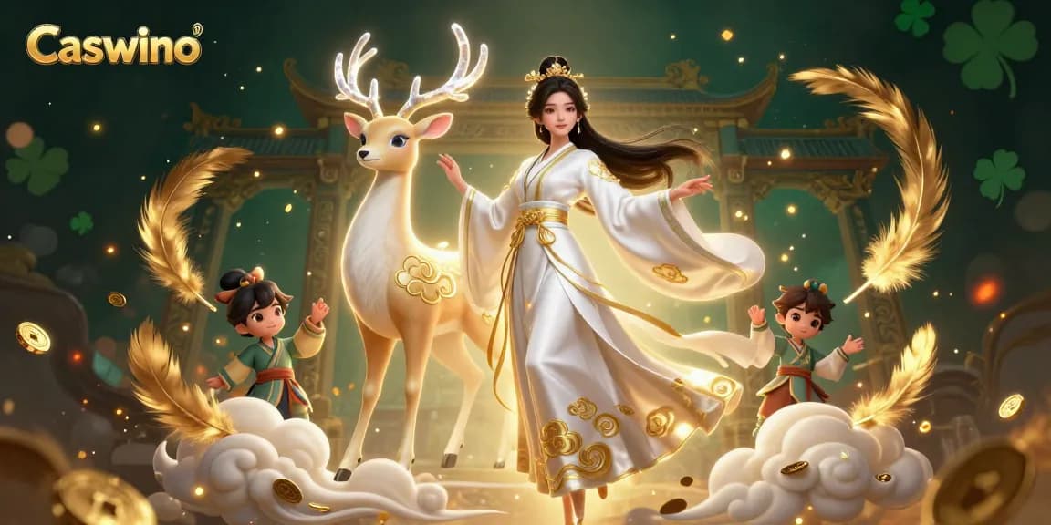 Caswino casino scene with a semi-realistic Asian woman in hanfu, surrounded by golden tokens and effects.