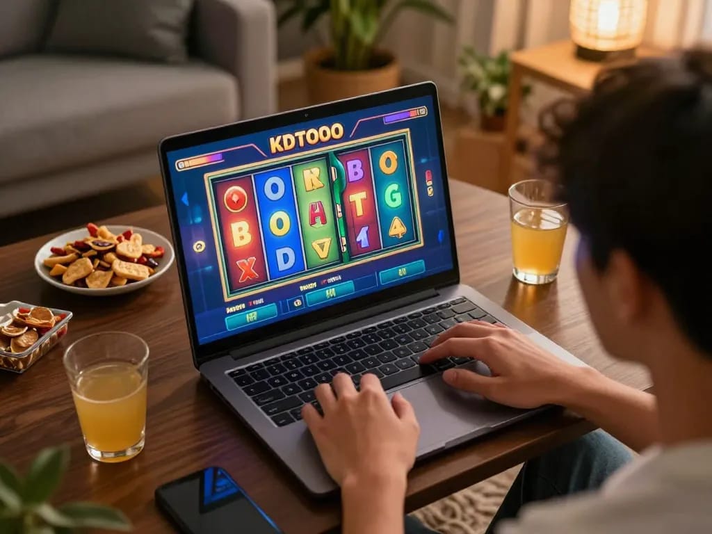 KDTOTO player engaging in vibrant slot game on laptop in cozy home setup, showcasing online gambling excitement.
