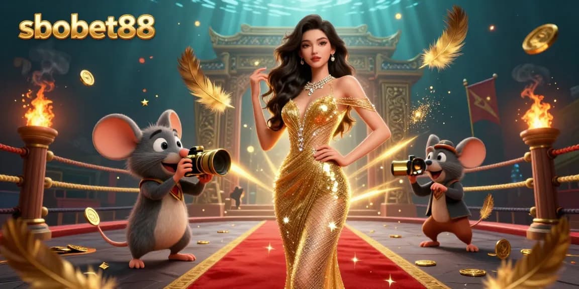 Simplistically enjoying sbobet88 betting experience with golden coins and vibrant decor in a dynamic illustration.