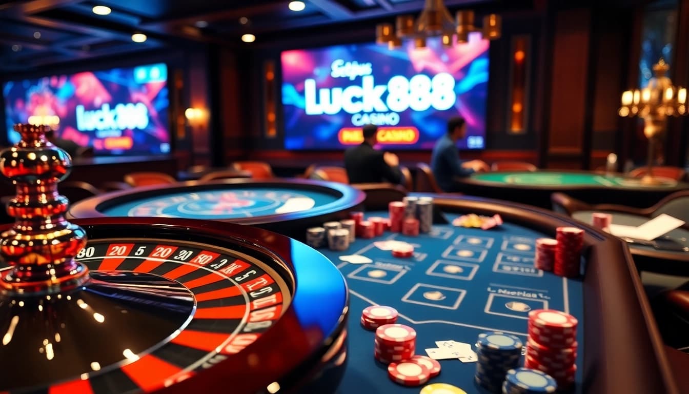 Experience high-stakes action with https://luck88.bar/ showcasing vibrant poker chips and roulette excitement.