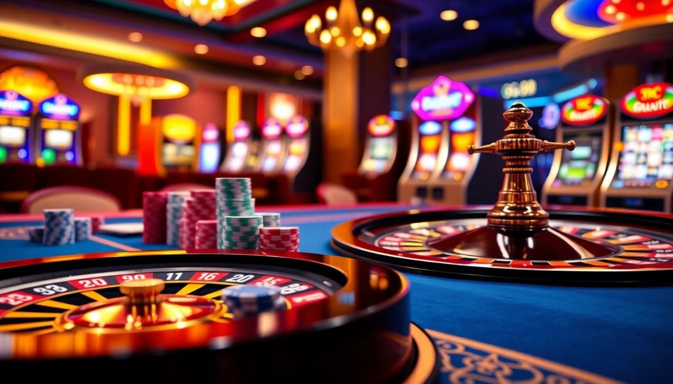 Engage in thrilling gameplay at https://gg88.biz/, featuring vibrant slot machines and poker chips in a luxurious casino setting.