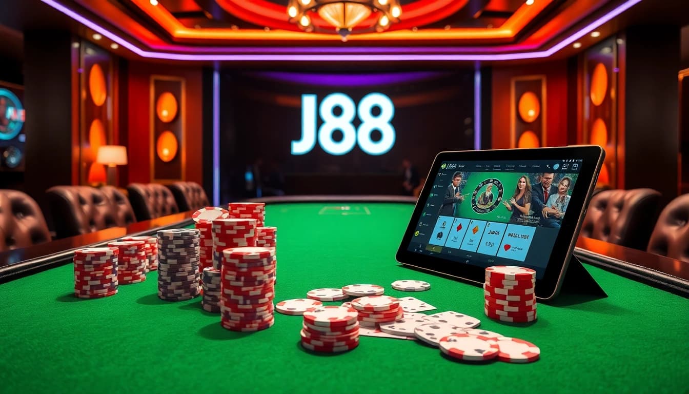 Experience the thrill of J88 casino with vibrant poker chips and engaging table games.