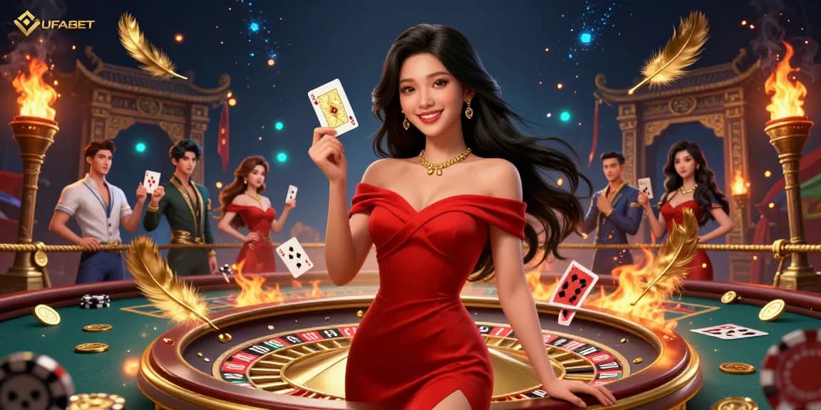 Interact with UFABET in a vibrant online casino scene featuring a confident woman and dynamic gaming elements.
