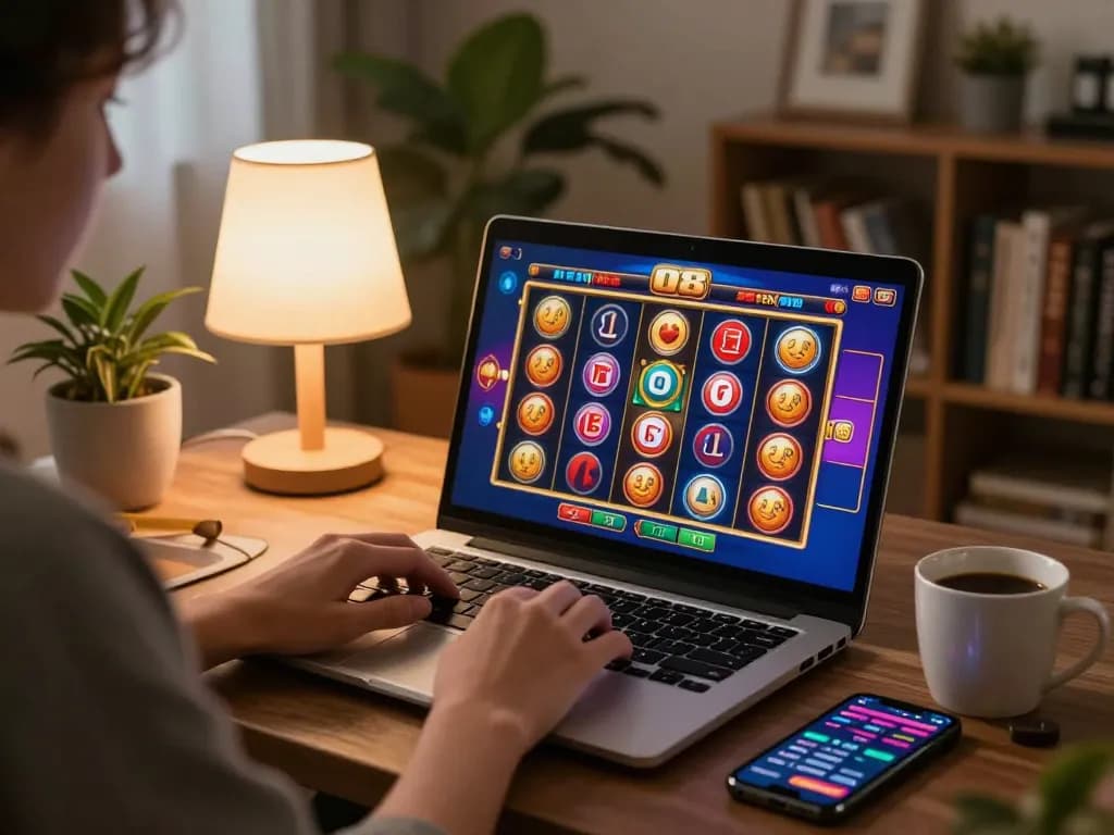 Engaged player exploring O8 online casino games on a laptop in a cozy setting, emphasizing strategic gameplay.