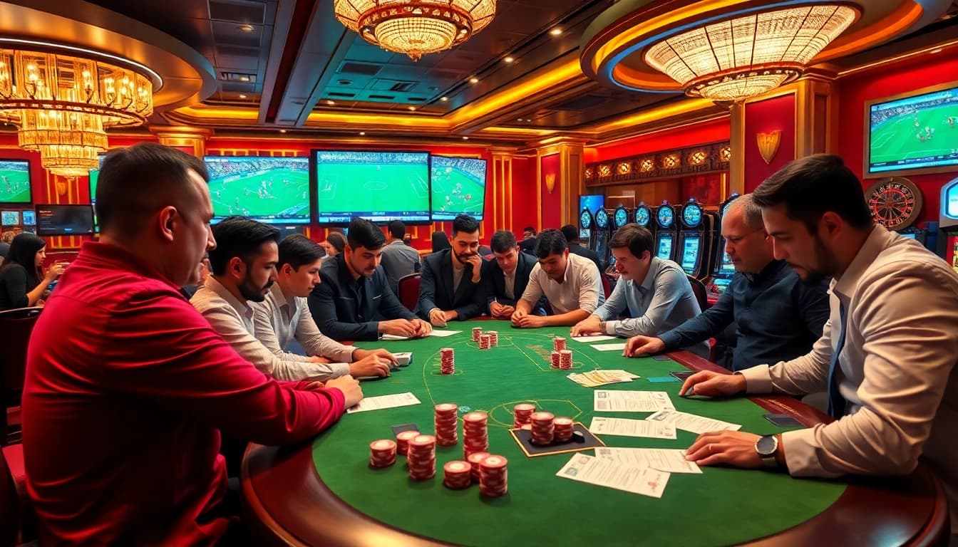 Situs Judi Bola Terpercaya players engaged in thrilling sports betting at a vibrant casino table.