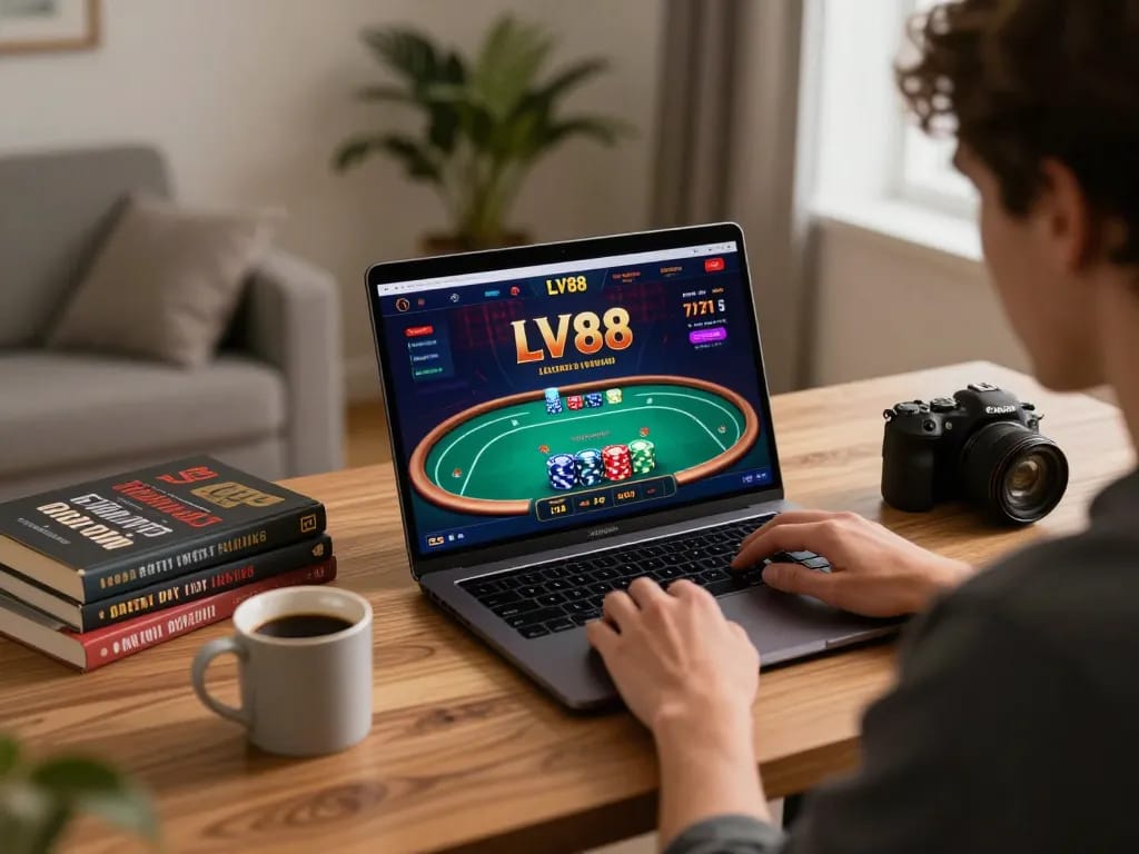 Engaged player enjoying poker at LV88 on a laptop, showcasing modern online gaming setup