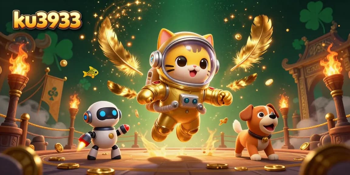 Engage with the thrilling universe of ku3933, featuring a cosmic cat and its robotic companion amidst a vibrant gambling galaxy.