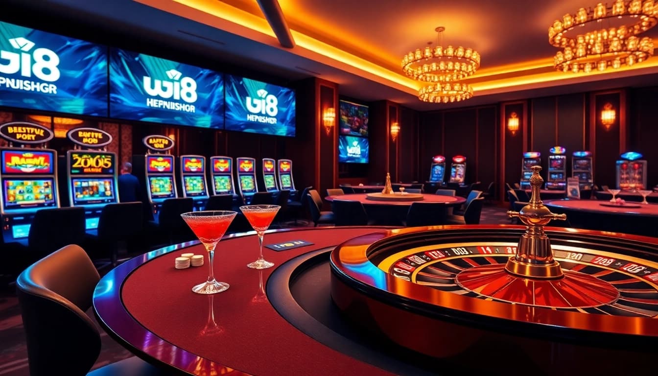 A thrilling online casino scene at https://gi8.gr.com/, showcasing poker tables, vibrant slot machines, and entertainment.