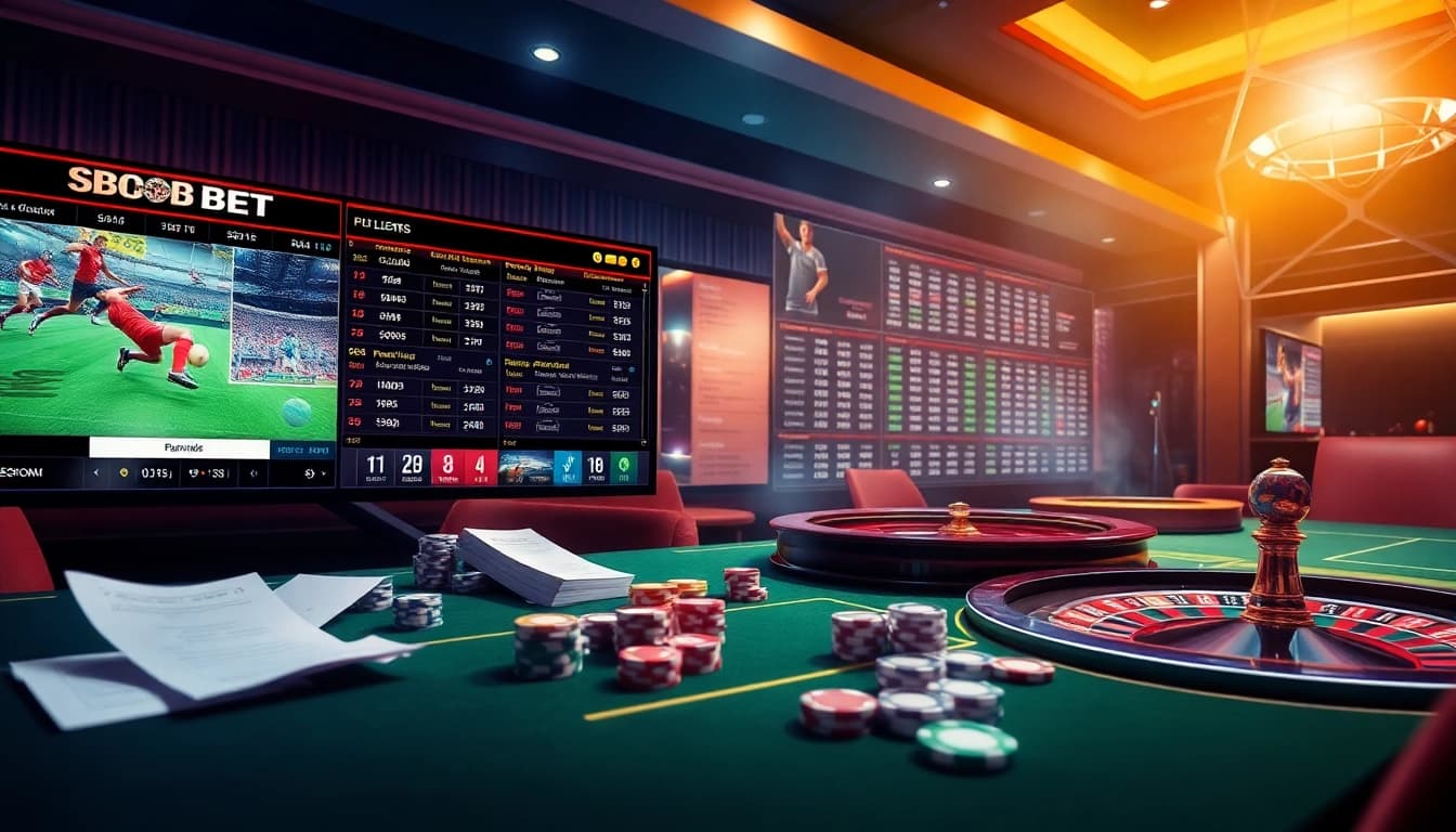 SBOBET offers an exciting online betting experience with dynamic visuals of soccer betting and casino elements.