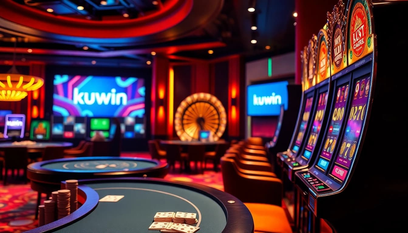 kuwin logo illuminated on a luxurious casino gaming table filled with poker chips and cards
