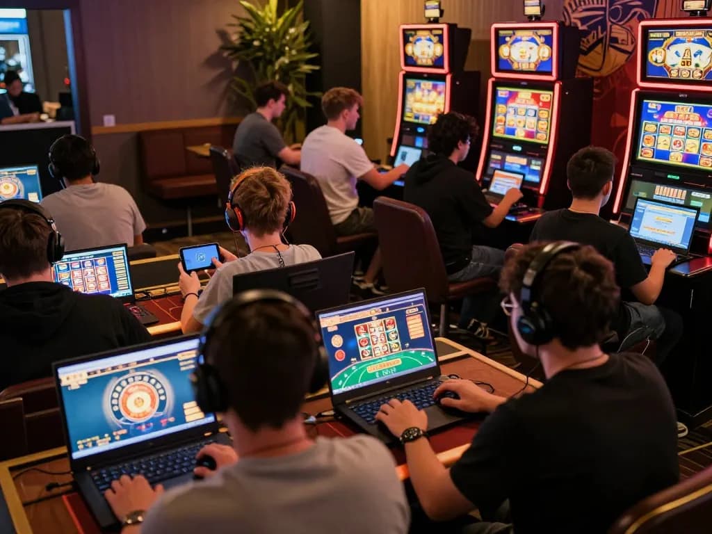 Players enjoying viral88 casino games on laptops in a lively online lounge.