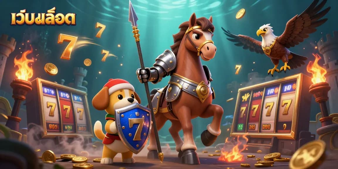 Engage with the exciting world of เว็บสล็อต showcasing magical knights, slot reels, and golden elements.