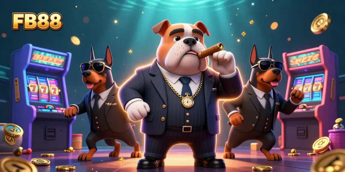 Join the exciting world of FB88 with this vibrant 3D casino scene featuring a bulldog boss and classic gaming elements.