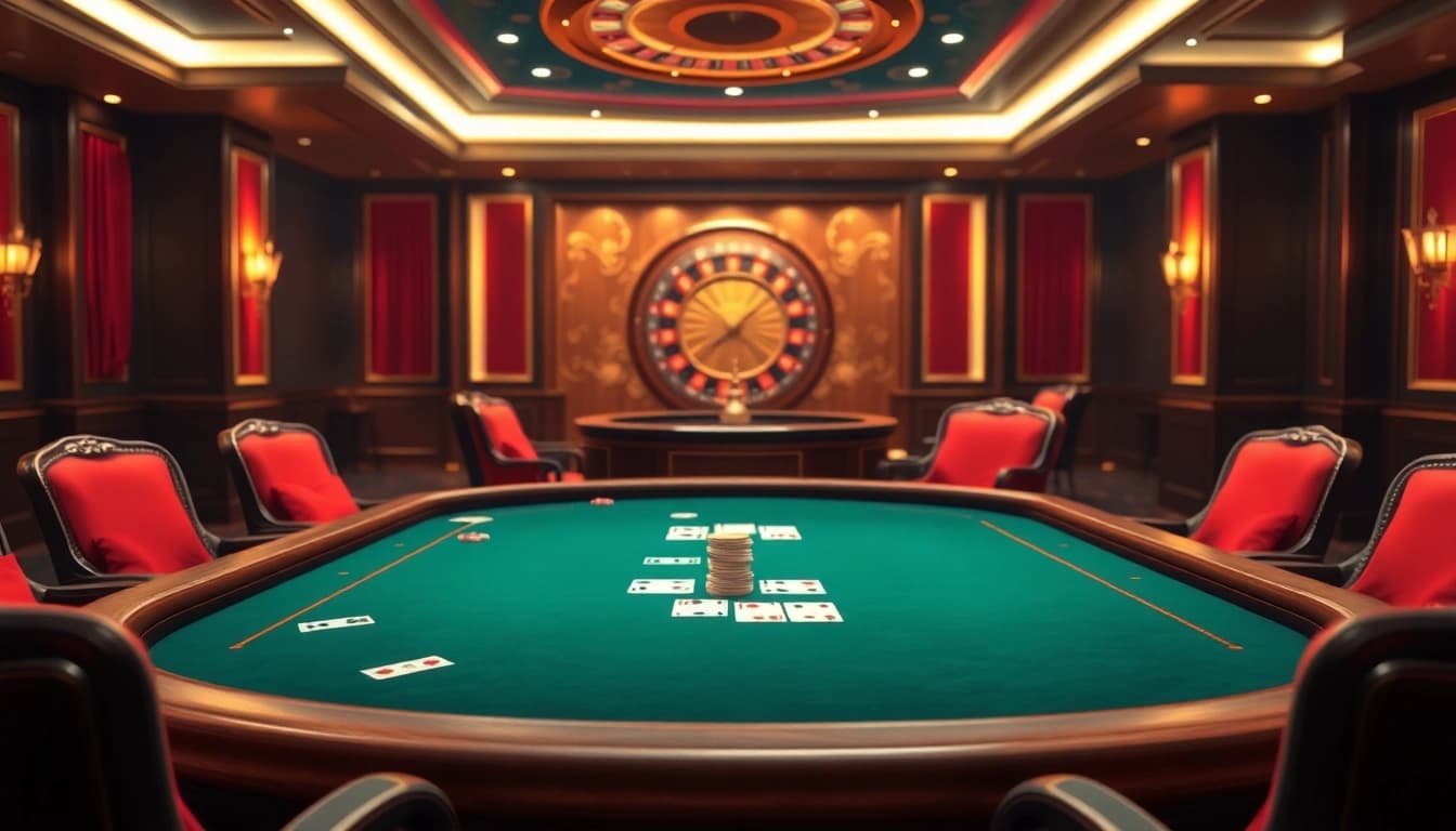 Experience thrill at the GO8 poker table with chips and cards in a vibrant casino setting.