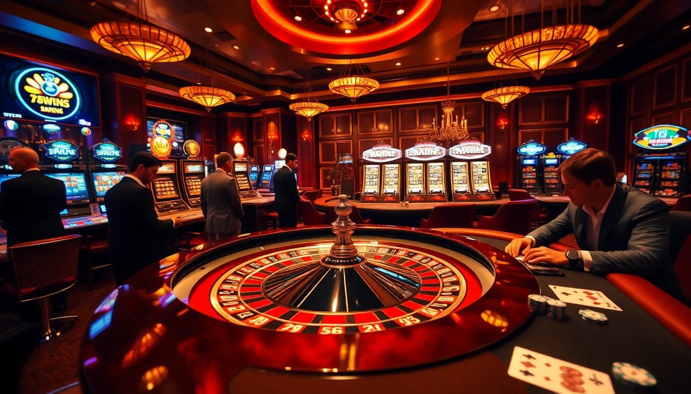 Players engaging in a thrilling game at 78WIN casino, featuring roulette and poker tables.