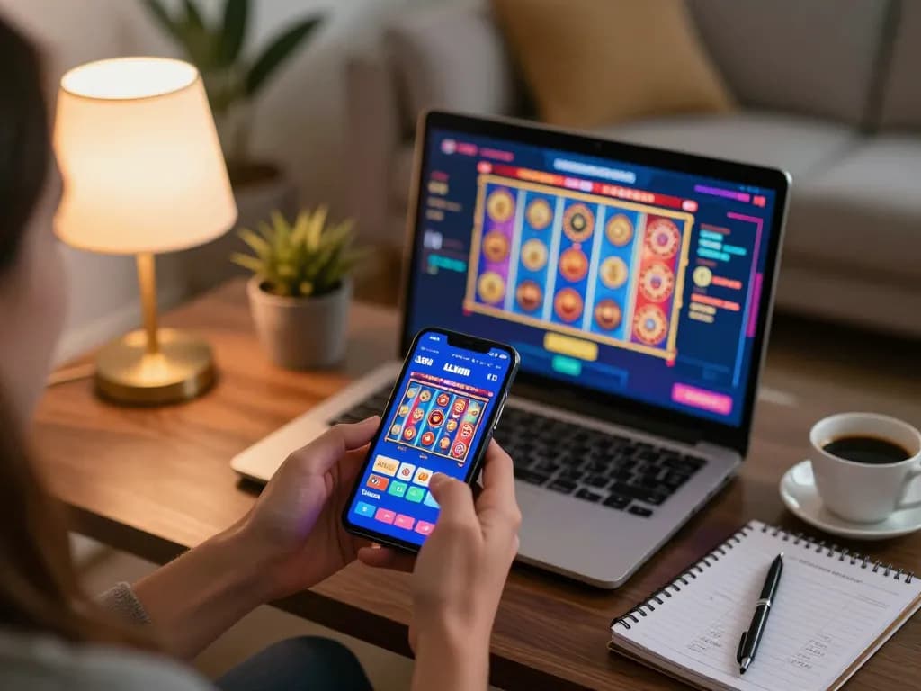 Engaged player enjoying LLWIN online casino gaming, strategy notes and coffee present in a cozy living room