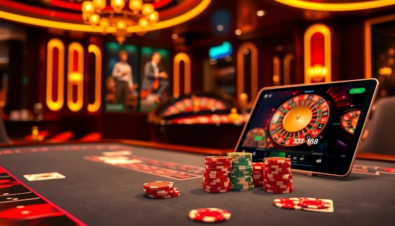 Players engage with 33win68 at an elegant poker table in a luxury casino environment.
