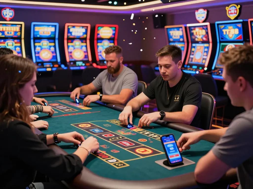 Exciting online gaming experience with diverse players enjoying TT88 with live dealer games and vibrant slot machines.