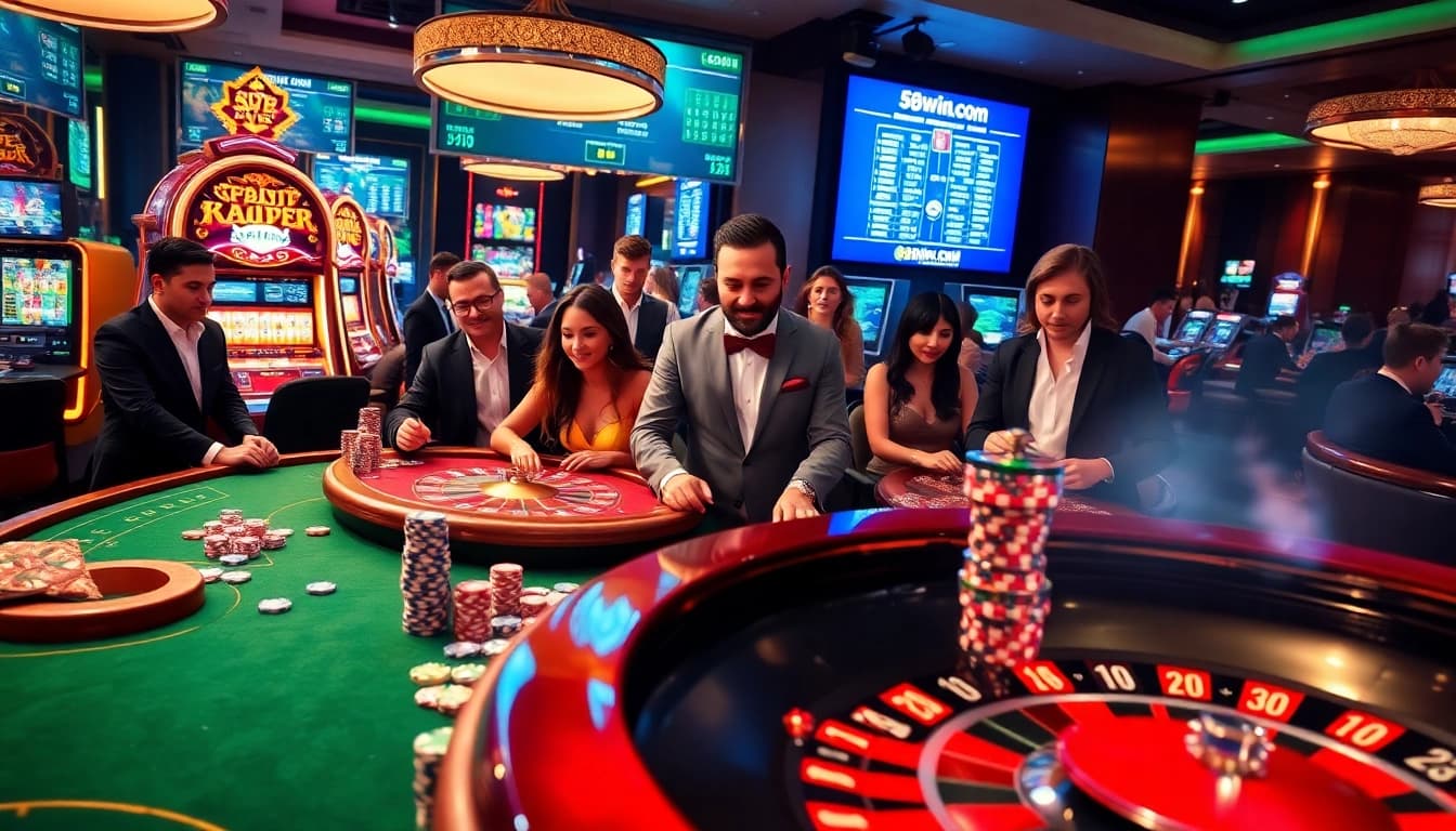 Exciting gaming action at 58win com featuring vibrant slot machines and poker tables.