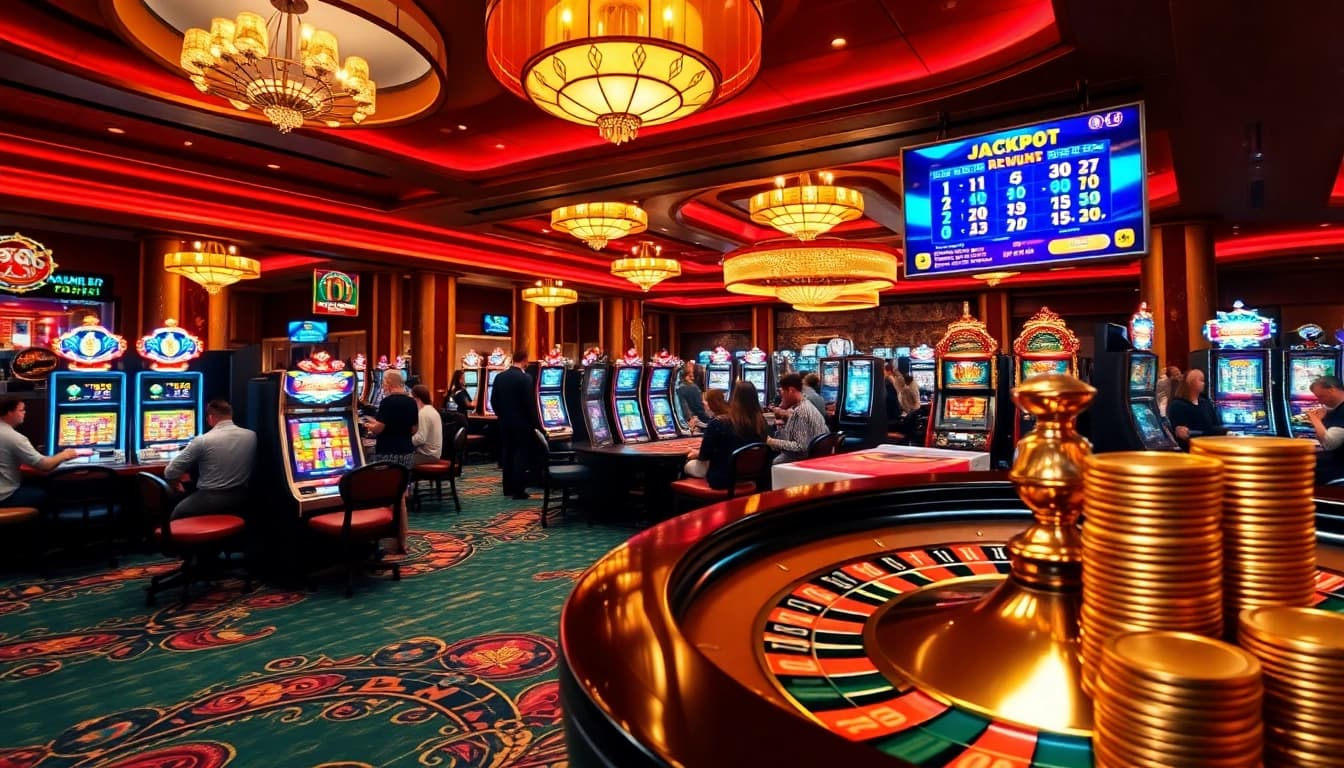 Experience the thrill of slot online gaming as players engage with vibrant slot machines and roulette wheels.
