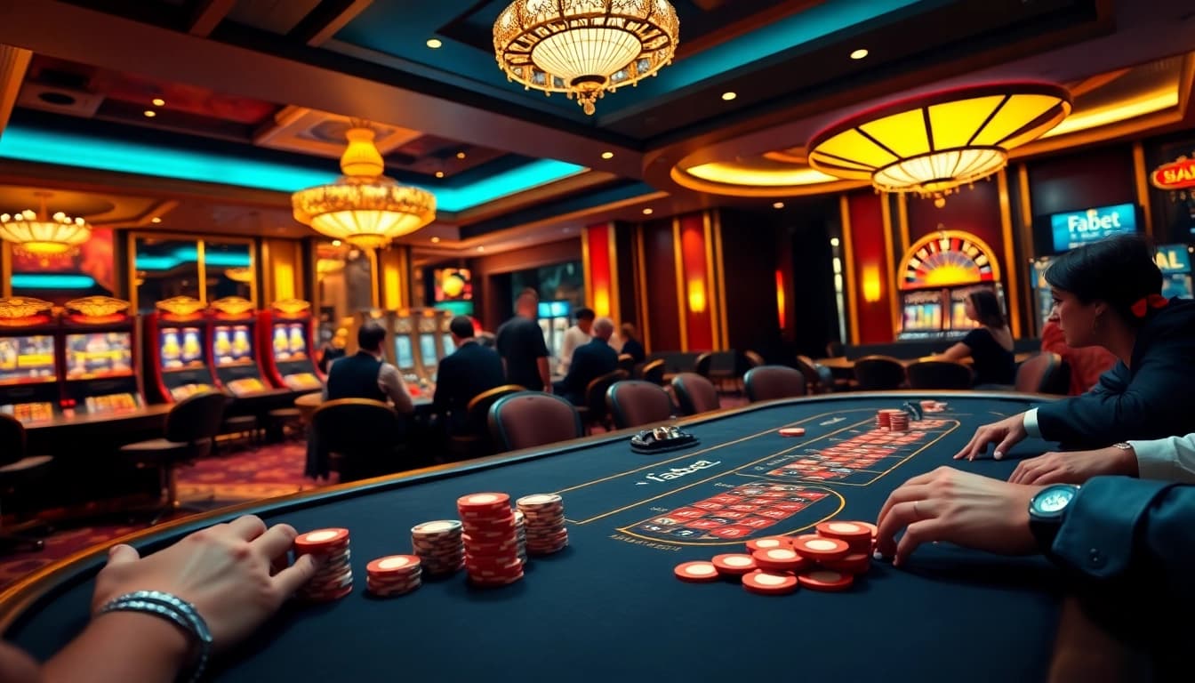 Players enjoying a vibrant poker game at Fabet casino, showcasing excitement and luxurious ambiance.