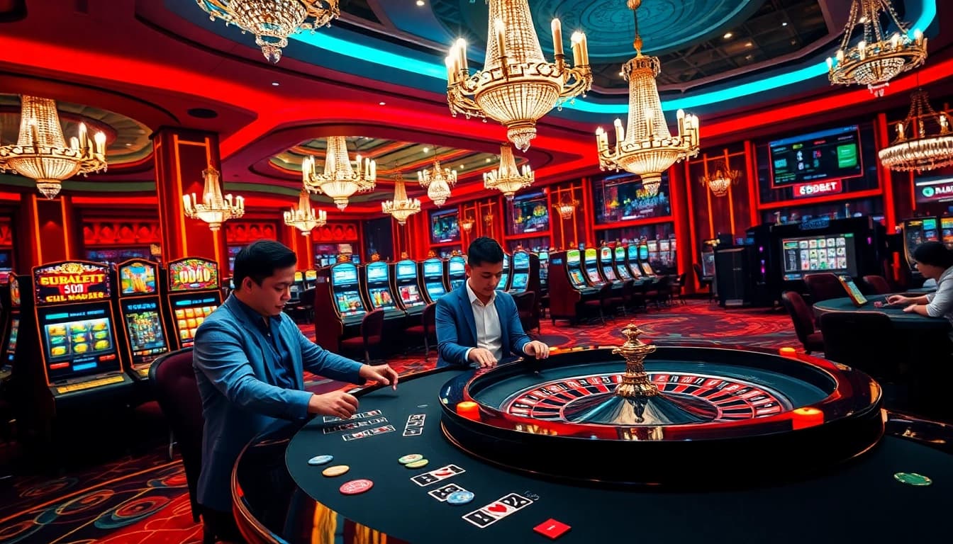 SBOBET players engaging in high-stakes betting at a luxurious casino.