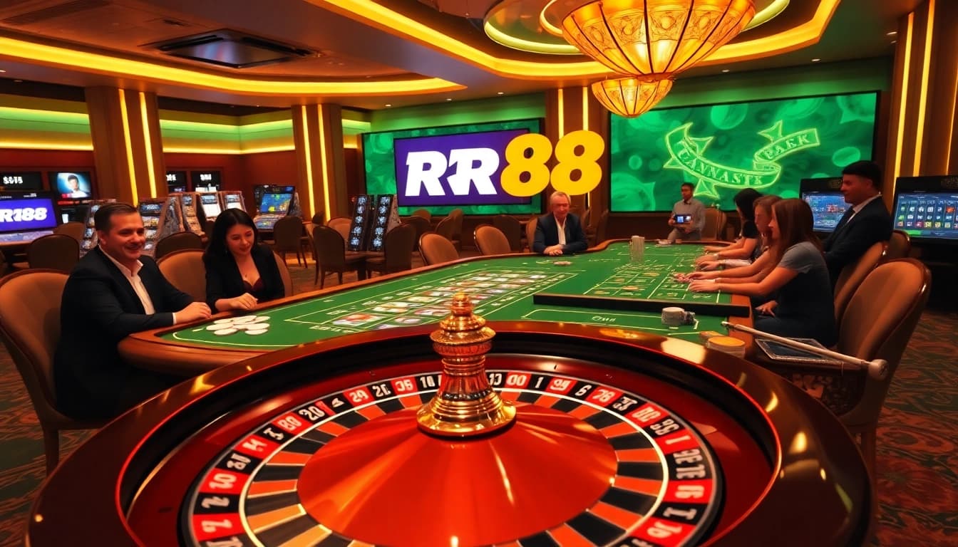 Players experience excitement at RR88's online casino, showcasing vibrant tables and roulette.