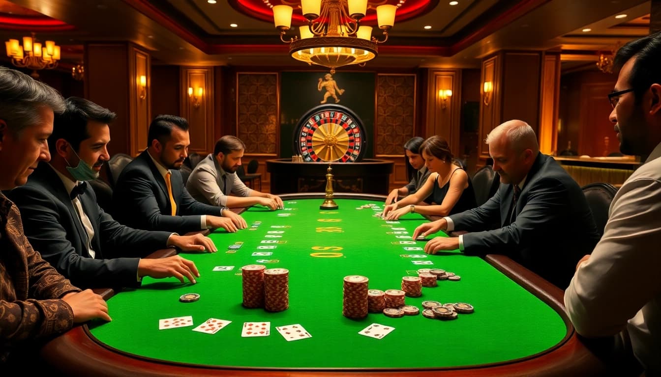 Engaged players at a kinggaruda138 poker table, showcasing excitement and strategy in a vibrant casino.