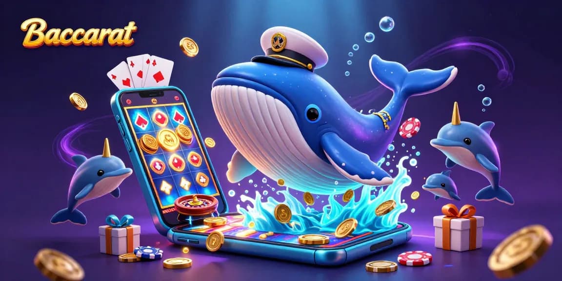 Baccarat gaming scene showcasing a whale and dolphin celebrating wins with vibrant casino elements.