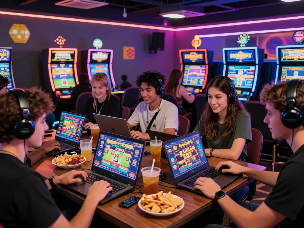 Friends enjoying Barcaslot games in a lively digital casino setting.