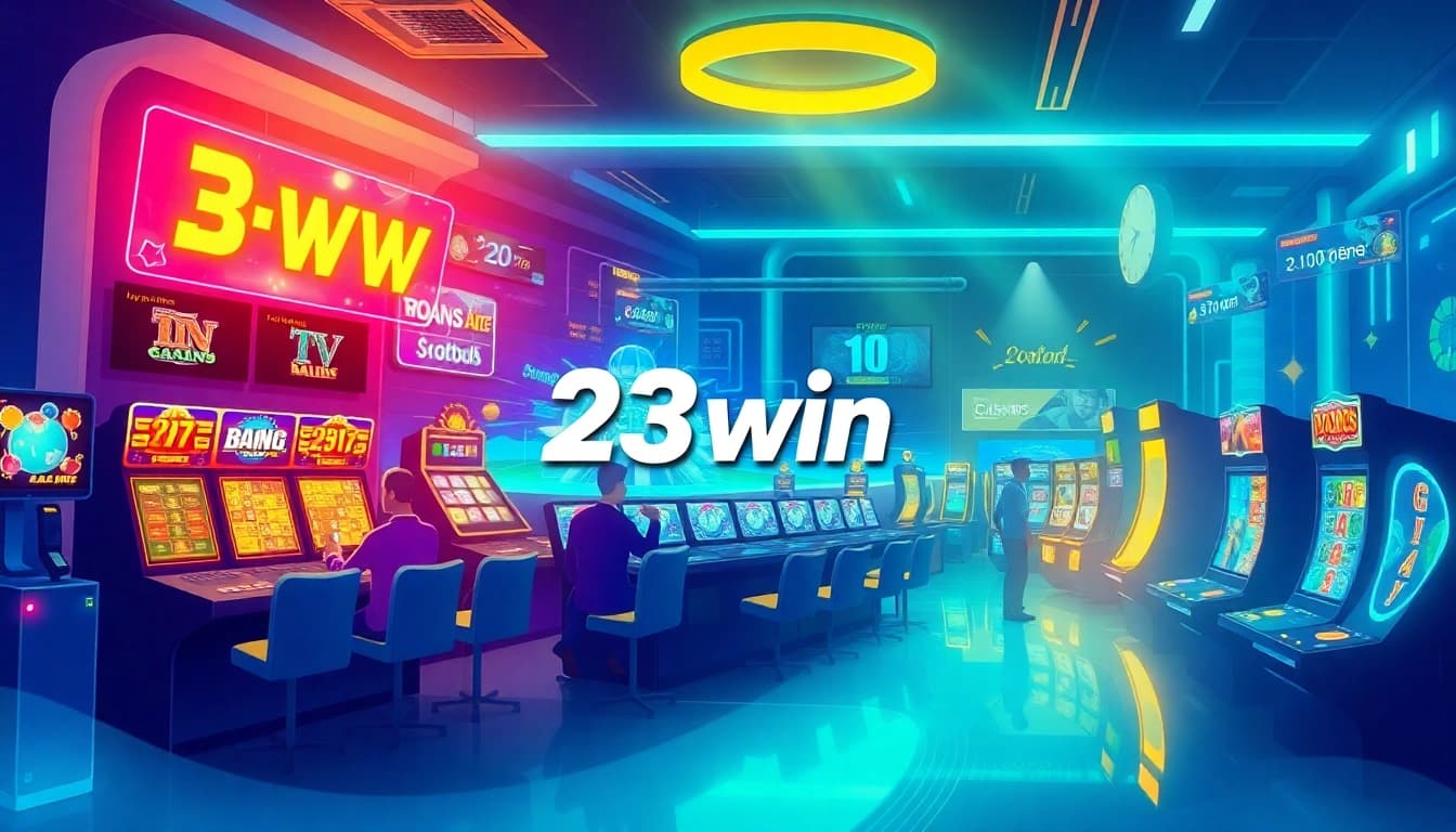 Experience 23win's dynamic gaming features with vibrant neon visuals and user-friendly interfaces.