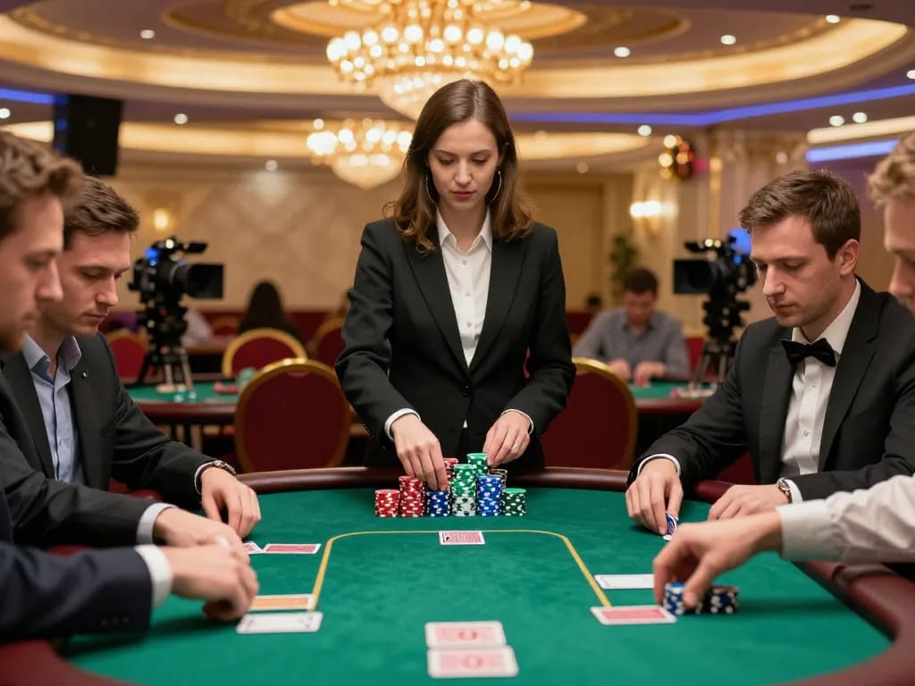 Vin88 players engaging in a strategic poker game in a luxurious casino.