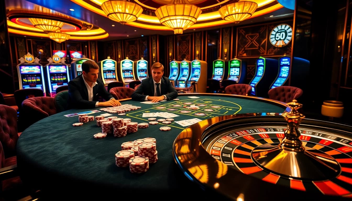 Engaging casino scene with nohu poker table and vibrant lights, showcasing excitement.
