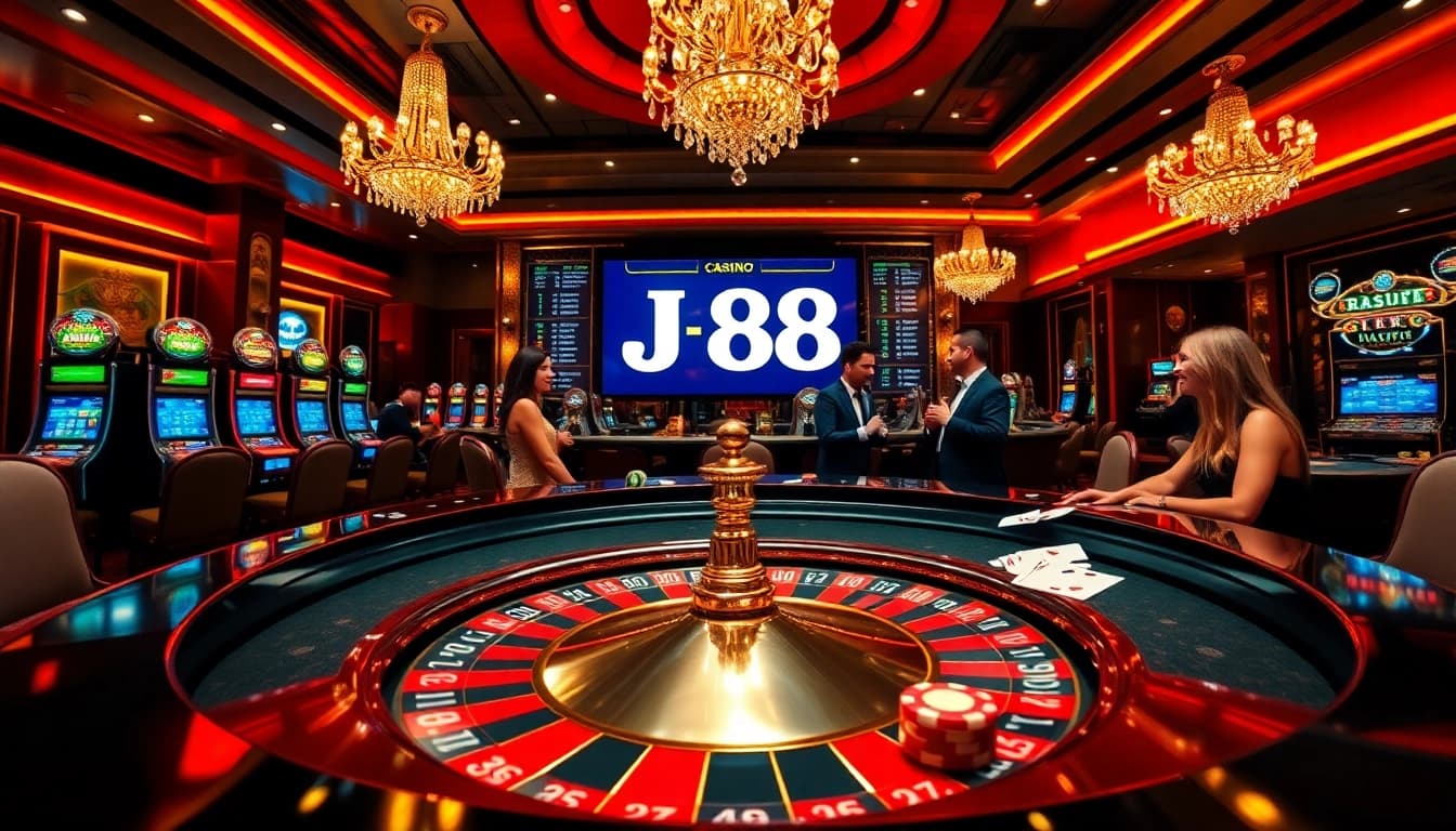 J 88 casino scene with roulette, cards, and excited players at a vibrant table