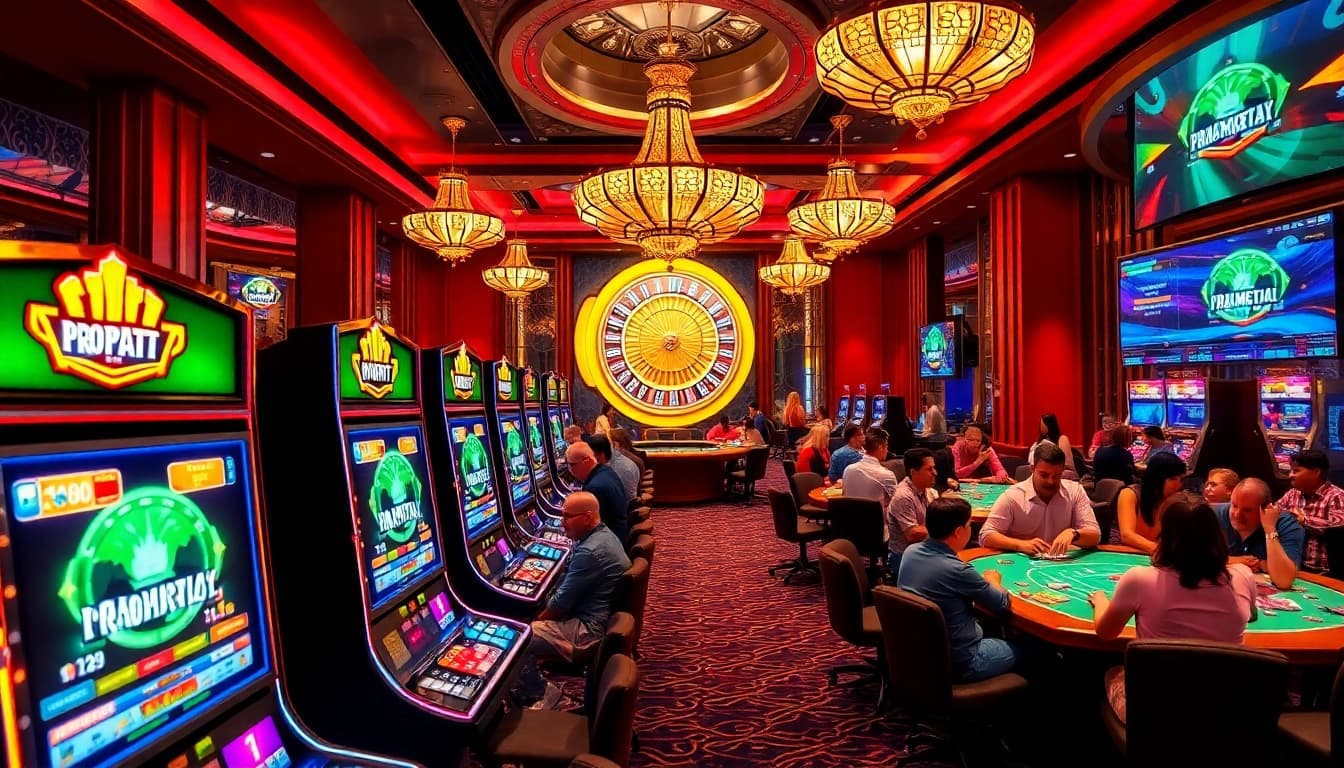 Exciting Pragmatic Play slot machines in a lavish casino environment featuring vibrant players and focused gameplay.
