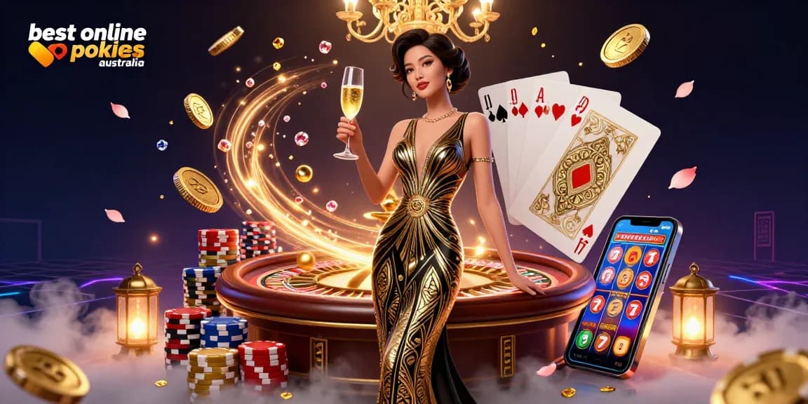 Experience the thrills of the best online pokies australia with this luxurious casino scene featuring a glamorous woman and dynamic gaming elements.