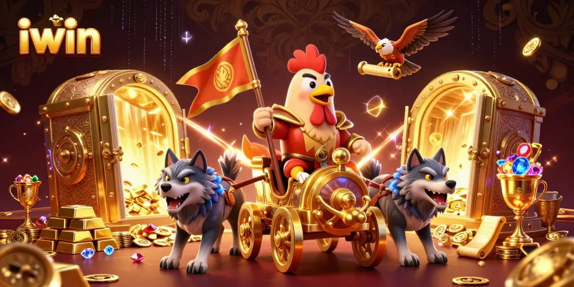 Play iwin at a vibrant casino scene featuring a rooster warlord, wolves, and treasure