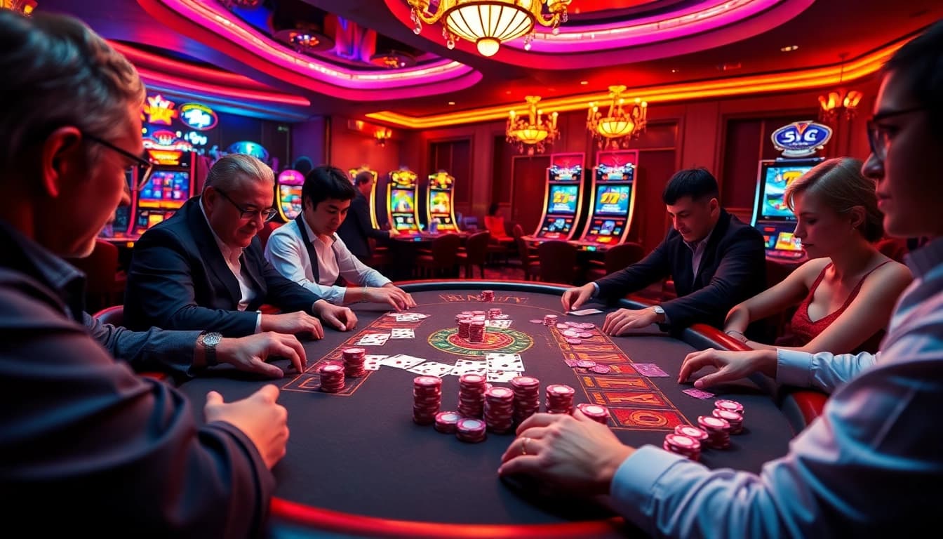 Intense poker game at UU88 casino table, showcasing vibrant chips and cards.