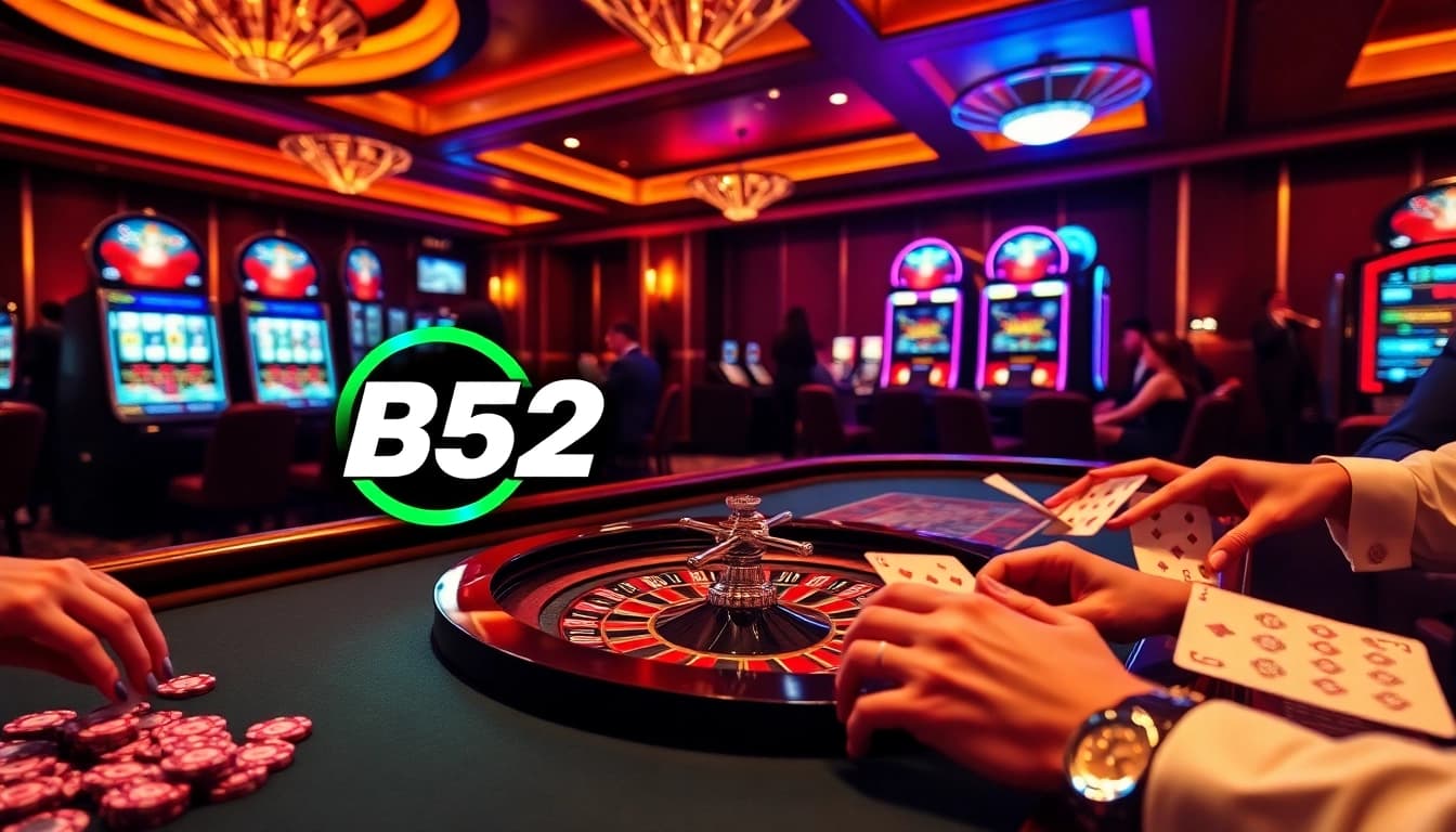 B52 logo shines in a vibrant casino scene with players engaging in exciting games.