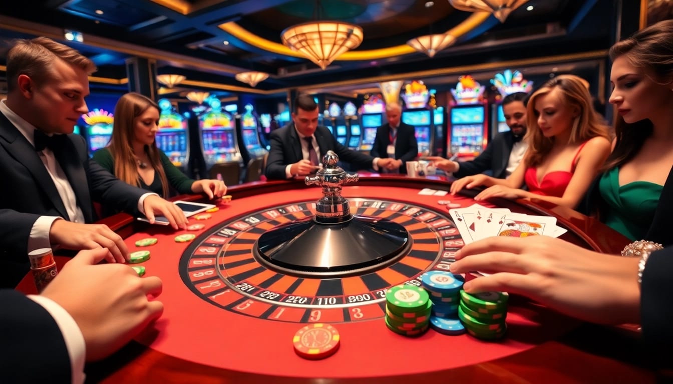 Engage in thrilling sunwin gaming at a luxurious roulette table, surrounded by excitement and elegance.