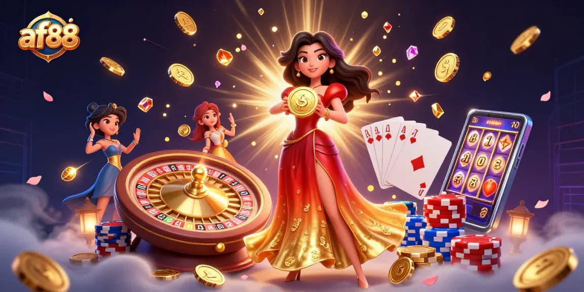 Win big with af88 as stunning games and golden coins shine in a vibrant casino atmosphere.