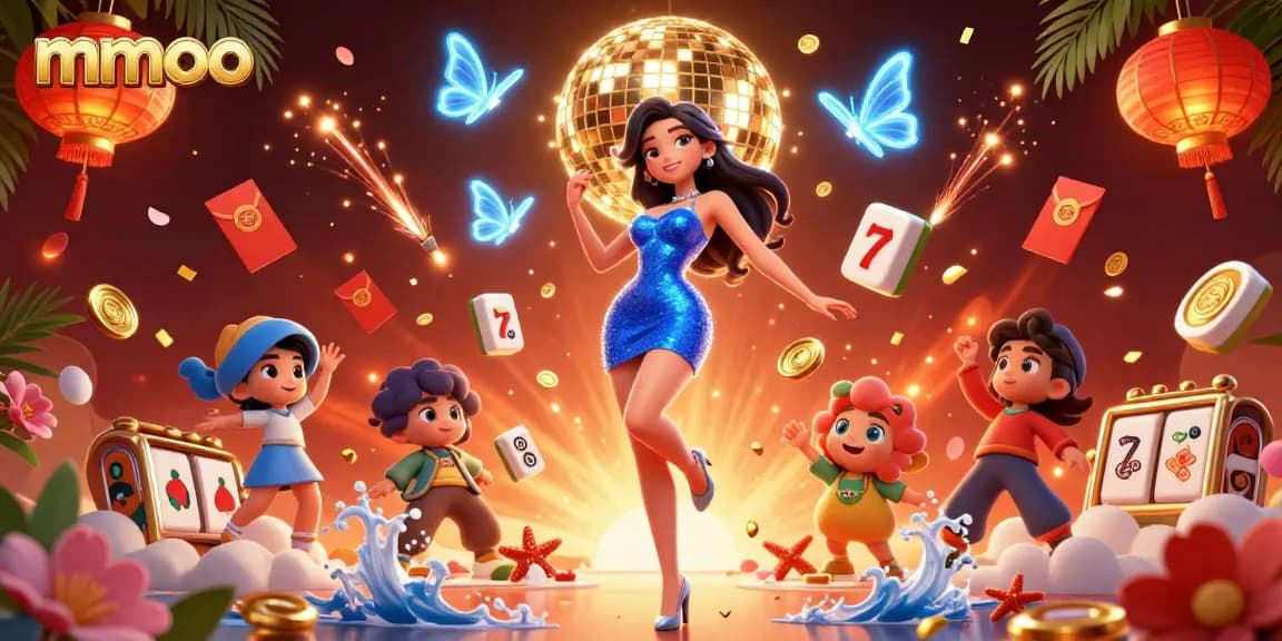 Engaging mmoo casino experience featuring a glamorous woman surrounded by vibrant slot game elements.