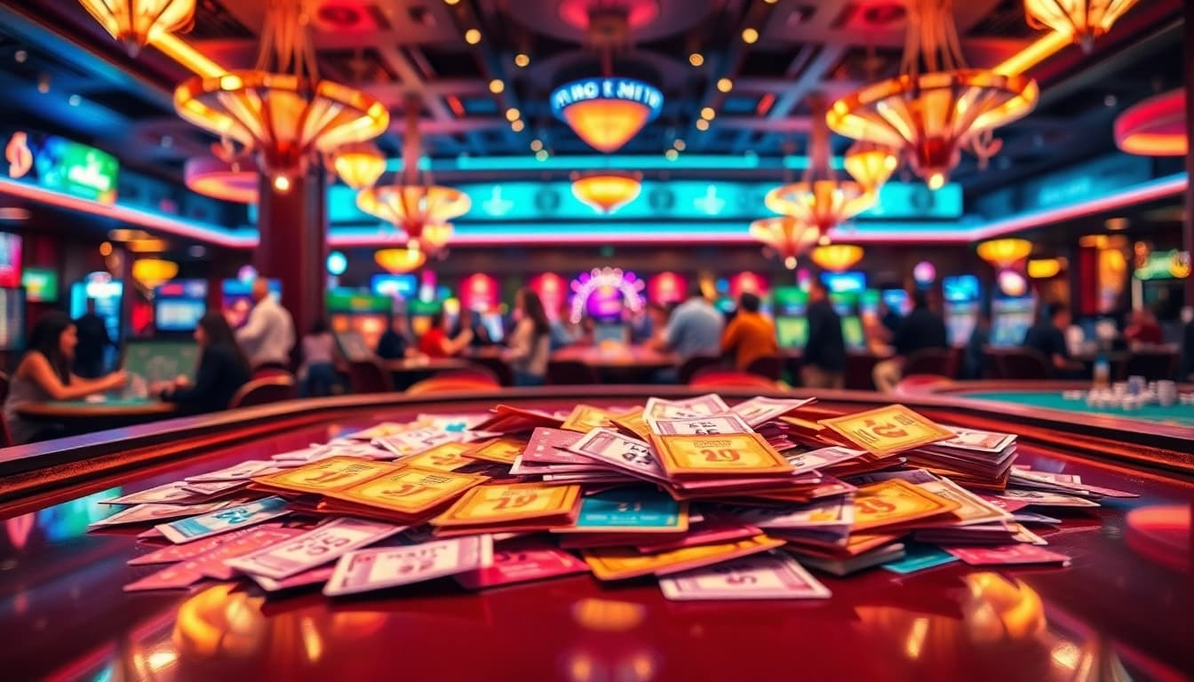 Engaging Nova88 lottery scene showcasing colorful tickets and a lively casino atmosphere.