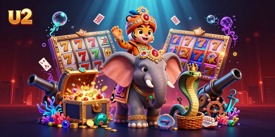 Engage in exciting slot games as u2's vibrant casino scene features a jewel-encrusted elephant and treasure chests.
