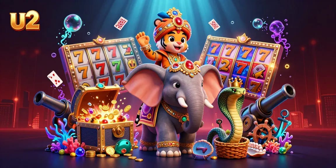 Engage in exciting slot games as u2's vibrant casino scene features a jewel-encrusted elephant and treasure chests.