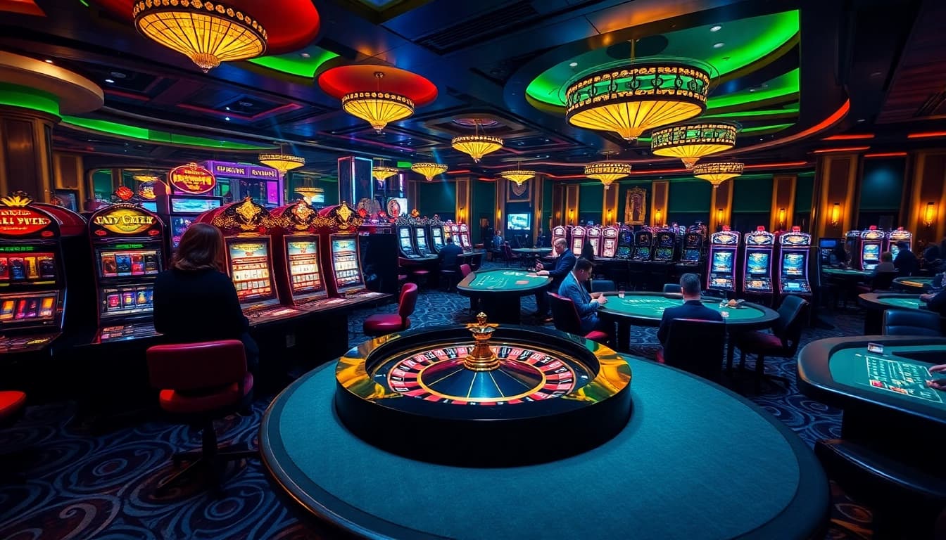 Exciting gambling scene at nhà cái xx88 showcasing poker and roulette tables filled with players.