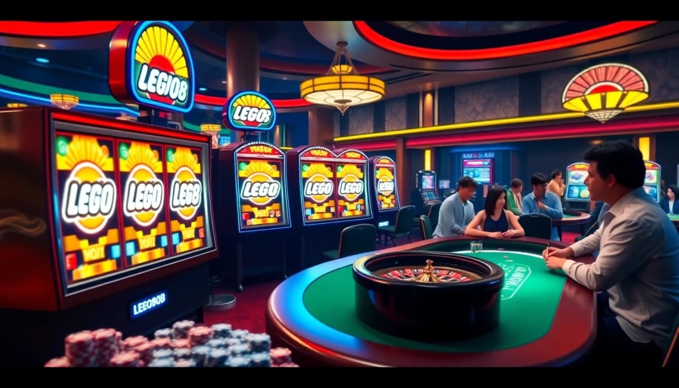 Players enjoy thrilling experiences at LEGO138 slot machines in a bustling casino environment.