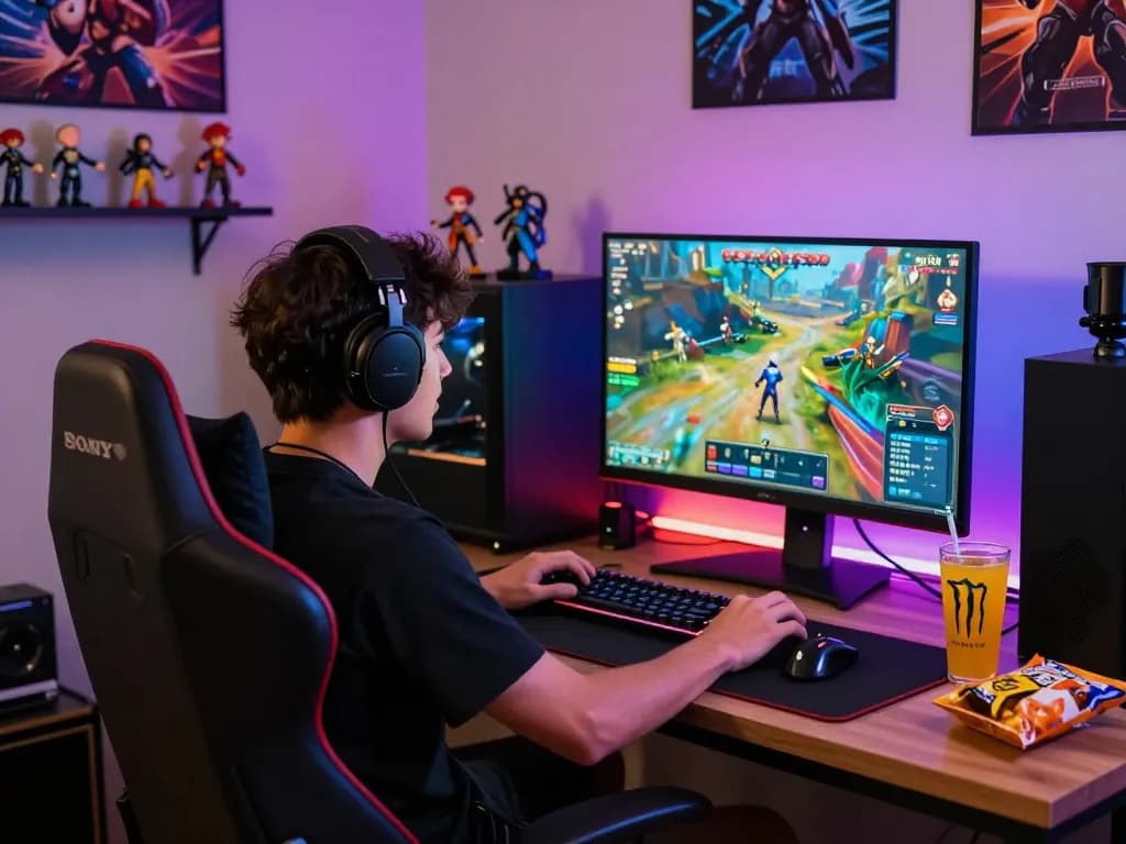 Gamer enjoying an immersive experience on meledak88 with vibrant setup and gaming accessories